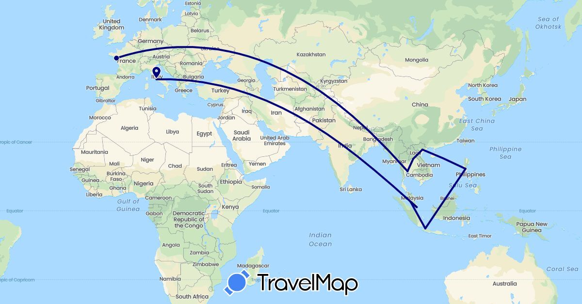 TravelMap itinerary: driving in France, Indonesia, Italy, Laos, Malaysia, Philippines, Singapore, Thailand, Vietnam (Asia, Europe)